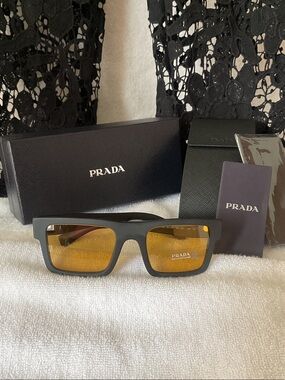 Prada Matte Black Rectangular Sunglasses with Amber Lenses